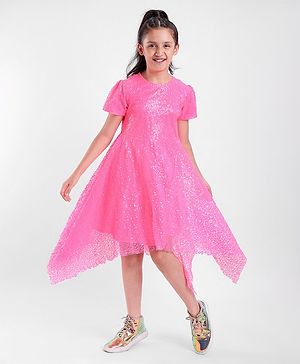 Pine Kids Half Sleeves Sequined Knee Length Party Dress with Asymmetrical Hem- Pink