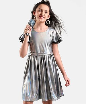Pine Kids Half Sleeves Party Frock Solid Colour  - Silver
