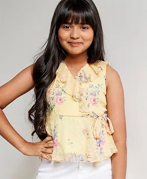 AND Girl Sleeveless Floral Printed Top - Lemon Yellow