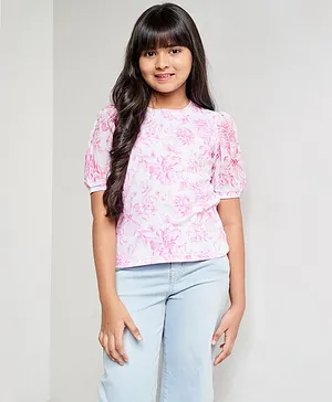 AND Girl Puffed Sleeves Floral Printed Top - Pink