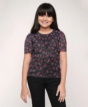 AND Girl Half Sleeves Floral Printed & Self Design Top - Blue