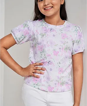 AND Girl Puffed Sleeves Floral Printed Ribbed Top - Pink
