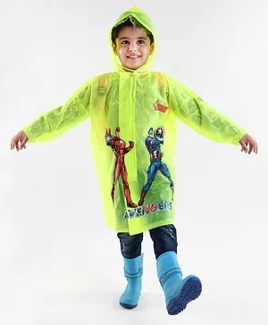 Babyhug Full Sleeves Hooded Raincoat Avengers Print - Green