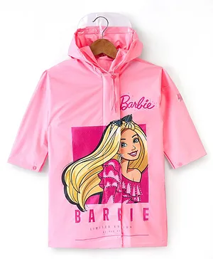 Babyhug Full Sleeves Calf Length Hooded Raincoat Barbie Print - Pink