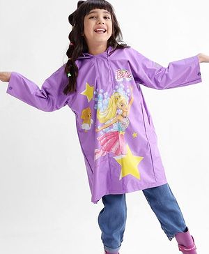 Babyhug Full Sleeves Hooded Barbie Graphics Raincoat - Purple