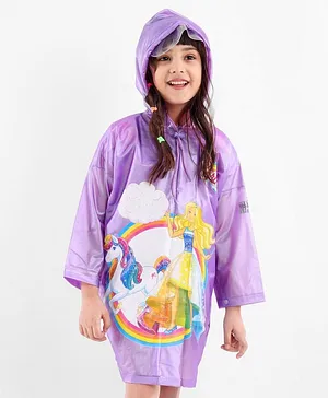 Babyhug Full Sleeves Hooded Raincoat Barbie Print - Lavender