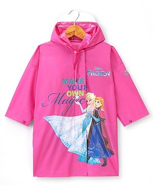 Babyhug PVC Full Sleeve Calf Length Kids Raincoat Elsa Print - Pink