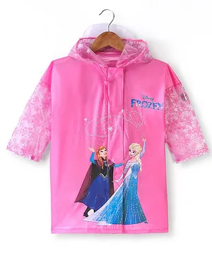 Babyhug Full Sleeves Calf Length Hooded Raincoat Elsa Print - Pink