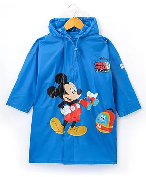 Babyhug Full Sleeves Hooded Raincoat Mickey Mouse Print - Blue