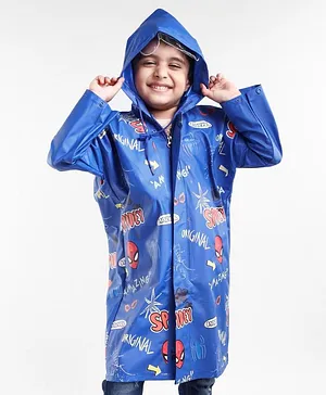 Babyhug Full Sleeves Hooded Raincoat Spider Man Print - Blue