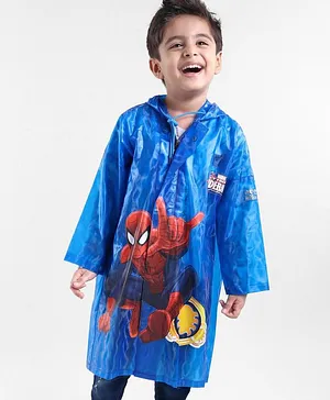 Babyhug Full Sleeves Hooded Raincoat Spiderman Print - Blue