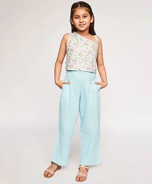 AND Girl Sleeveless Asymmetric Style Floral Printed Top & Pants Set - Powder Blue