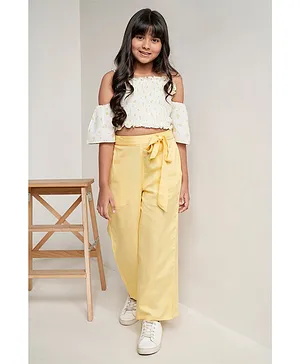 AND Girl Cold Shoulder Half Sleeves Floral Printed Smocked Top With Solid Pant - Yellow