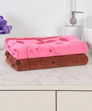 JARS Collections 100% Microfiber Super Soft Baby Bath Towel Cartoon Print Pack of 2 - Pink & Brown