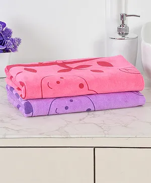 JARS Collections 100% Microfiber Super Soft Baby Bath Towel Cartoon Print Pack of 2 - Pink & Purple