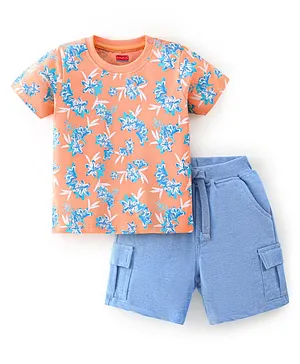 Babyhug 100% Cotton Knit Half Sleeves T-Shirt and Shorts Set Floral Print - Orange & Light Blue