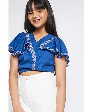 Global Desi Girl Frilled Sleeves Floral Embroidered Schiffli Top - Blue