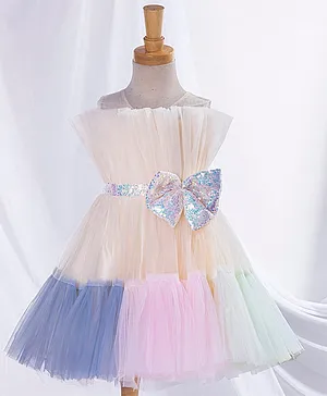 Ministitch Sleeveless Colour Blocked Bow Applique Party Wear Dress - Blue Pink