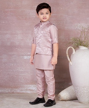 Ministitch Full Sleeves Solid Kurta & Pyjama With Seamless Leaf Swirl Self Design Detailed Jacket - Onion Pink