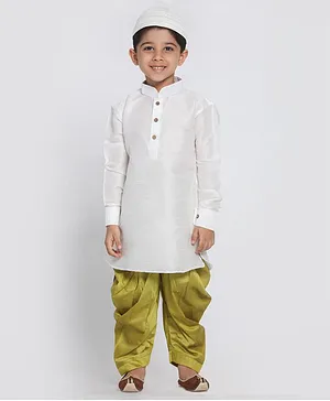 JBN Creation Eid Special Full Sleeves Solid Kurta Patiala With Cap Set - White Green