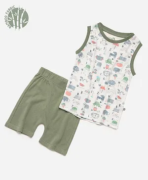 Cocoon Care Bamboo Fabric Sleeveless Alphabets & Animals Printed Tee With Shorts - Green