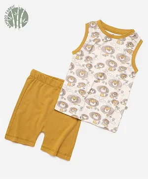 Cocoon Care Bamboo Fabric Sleeveless Lion & Flower Printed Tee With Shorts - Yellow