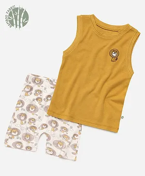 Cocoon Care Bamboo Fabric Sleeveless Lion Embroidered & All Over Lion Printed Shorts Set - Mustard Yellow