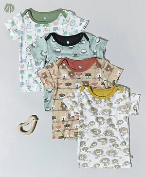 Cocoon Care Pack Of 4 Half Sleeves Baby Animals & Owl Printed Tees - White Blue Yellow & Beige