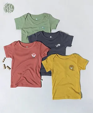 Cocoon Care Bamboo Fabric Pack Of 4 Half Sleeves Dinosaur & Lion With Owl Embroidered Tees - Green Red Mustard Yellow & Navy Blue