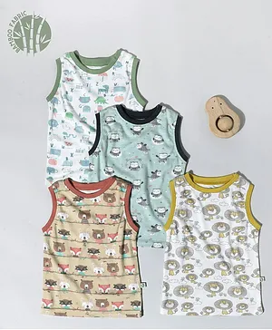 Cocoon Care Bamboo Fabric Pack Of 4 Sleeveless Baby Animals & Owl Printed Tees - White Blue Yellow & Beige