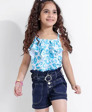 Ollington St. Animal Print Sleevless Knit Top and Stretchable Denim Shorts with Self Fabric Belt-  White & Indigo
