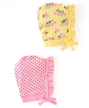 Babyhug 100% Cotton Knit Tie-Knot Caps Floral Print Pack of 2 - Pink & Yellow