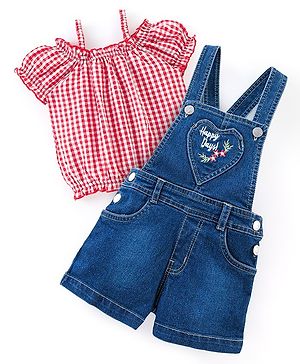 Babyhug 100% Cotton Denim Woven Dungaree with Floral Embroidered  and Half Sleeves Checked Top- Blue