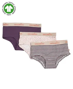 GREENDiGO Organic Cotton Pack Of 3 Leaf Printed & Striped Panties - Purple Pink & Black