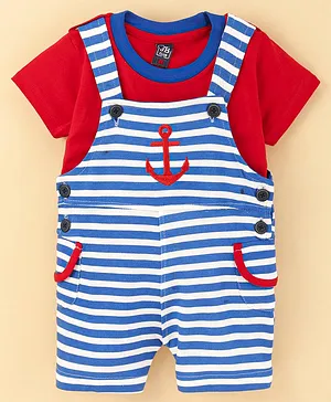 Jb Club Half Sleeves Solid Tee With Striped Anchor Embroidered Dungaree - Red Blue
