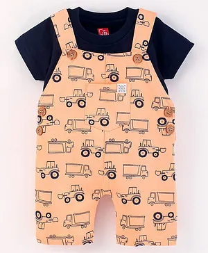 Jb Club Half Sleeves Solid Tee With Vehicles Printed Dungaree - Peach