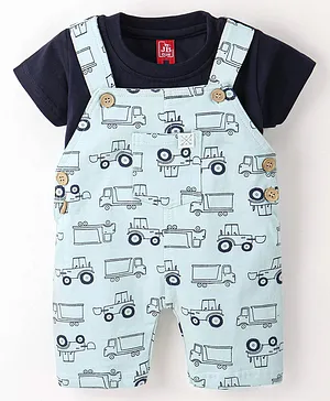 Jb Club Half Sleeves Solid Tee With Vehicles Printed Dungaree - Light Pista  Green