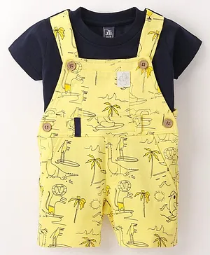 Jb Club Half Sleeves Solid Tee With Beach Theme Printed Dungaree - Yellow