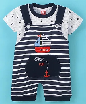 Jb Club Half Sleeves Sea Theme Ship Anchor Printed Tee With Striped & Patch Detailed Dungaree - Navy Blue