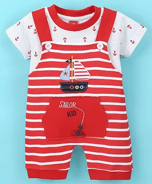 Jb Club Half Sleeves Sea Theme Ship Anchor Printed Tee With Striped & Patch Detailed Dungaree - Red
