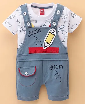 Jb Club Half Sleeves School Elements Printed Tee With Coordinating Embroidered Patch Detailed Dungaree - Blue
