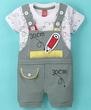 Jb Club Half Sleeves School Elements Printed Tee With Coordinating Embroidered Patch Detailed Dungaree - Green