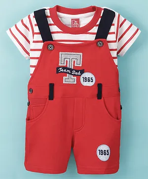 Jb Club Half Sleeves Striped Tee With Team Dad Embroidered Dungaree - Red