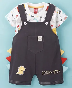 Jb Club Half Sleeves Forest Animals Theme Printed Tee With Patch Dungaree - Grey