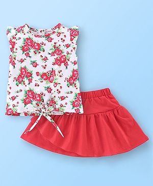 Babyhug 100% Cotton Frill Sleeves Top & Skirt Set Floral Print - White & Red