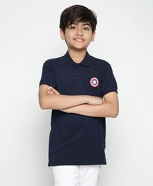 Lil Tomatoes Half Sleeves Marvel Captain America Shield Embroidered Polo T-Shirt - Navy Blue