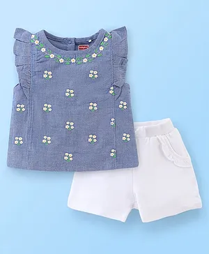 Babyhug 100% Cotton Frill Sleeves Top & Shorts Set Floral Embroidery - Blue & White