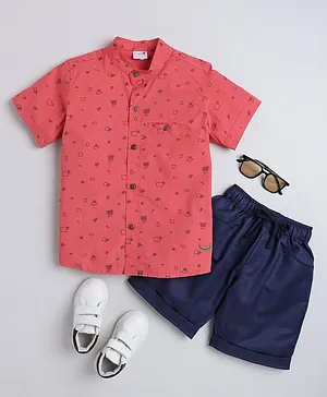 BAATCHEET Half Sleeves Abstract Squares Printed Shirt & Shorts -  Pink & Blue