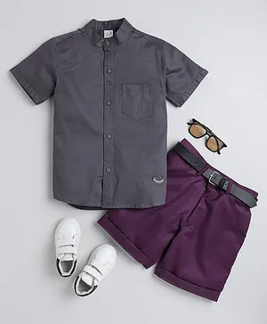 BAATCHEET Half Sleeves Solid Shirt With Shorts & Belt - Grey Purple