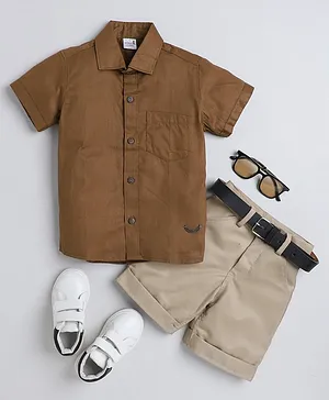 BAATCHEET Half Sleeves Solid Shirt With Shorts & Belt - Brown Beige